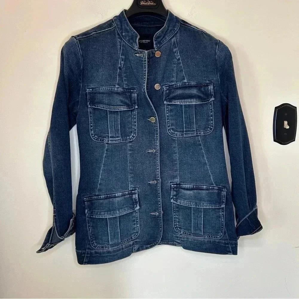 Liverpool Seamed Long Jean Jacket with Patch Pockets - Picture 3 of 10